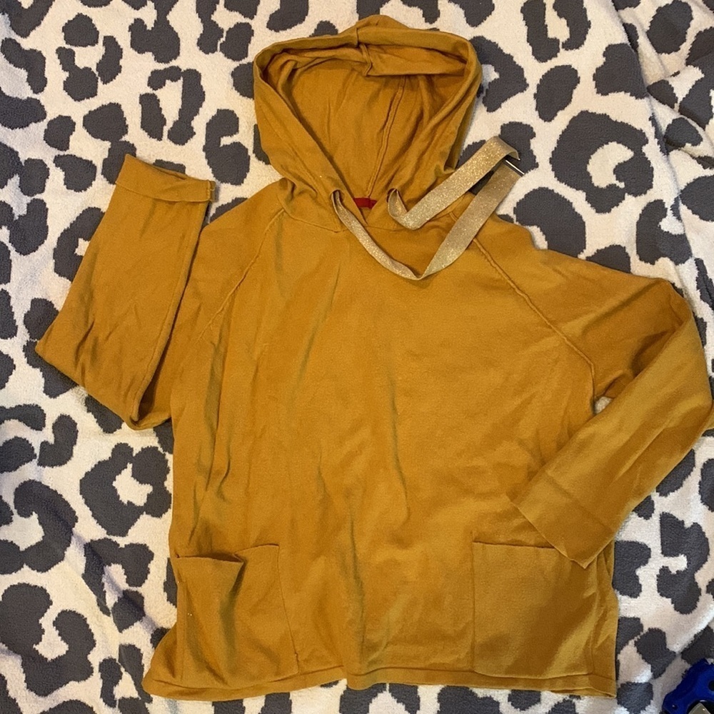 Boxy Sweater Hoodie sparkle drawstrings mustard yellow size L